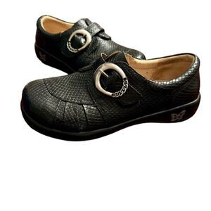 EUC Alegria Khloe Black Lizard Leather Flats Loafers Shoes Size 38 or 8 - 8.5